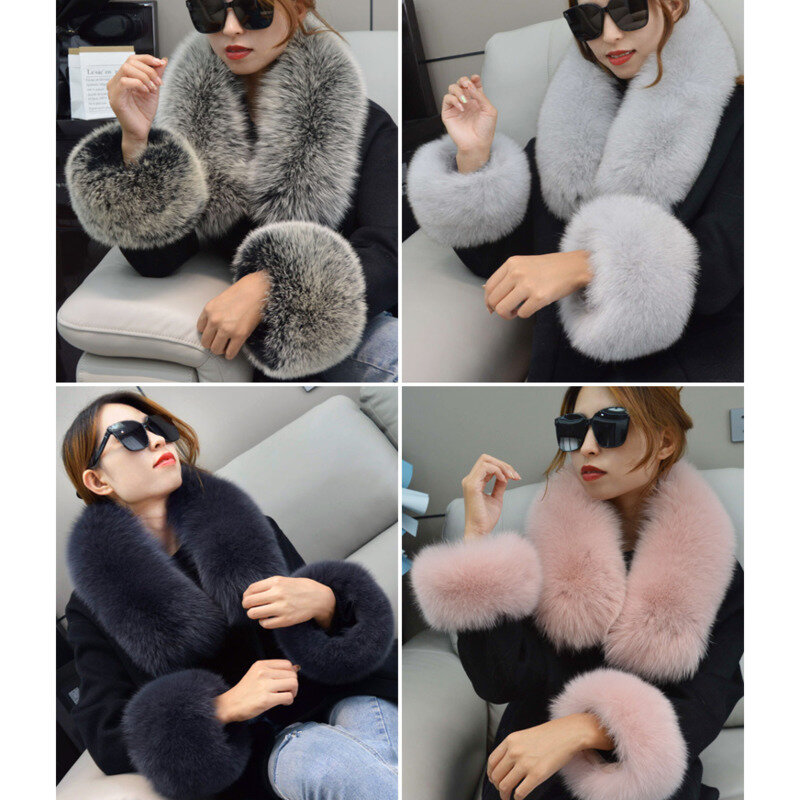 Conjunto de punhos e colarinho de pele Fox real para mulheres, casaco de inverno, capuz, cachecol de pele natural, preto, braço, pulso, mangas, luxo