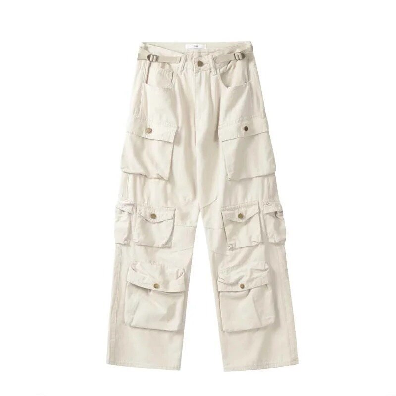 Джинсы в американском стиле ретро с несколькими карманами, простые повседневные брюки с широкими штанинами в стиле high street, голубые джинсовые комбинезоны с высокой талией, Y2K