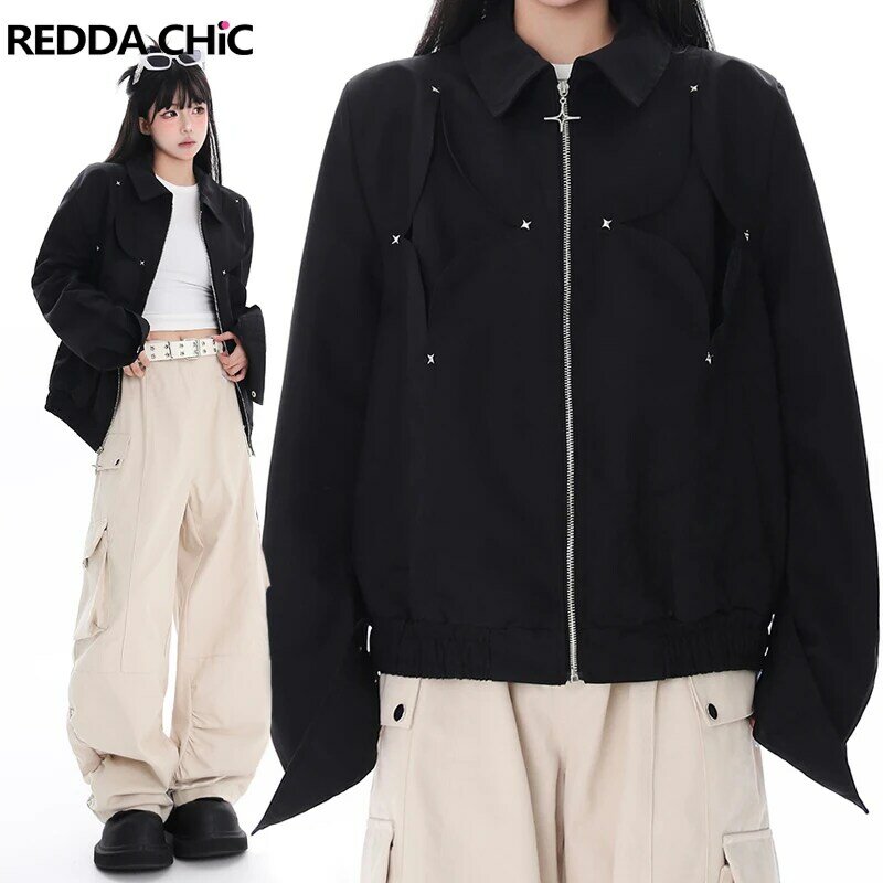 REDDACHiC Hollow Star Y2k Women Zip-up Windbreaker Solid Black Padded Shoulder Long Sleeves Loose Bomber Jacket Coat Streetwear