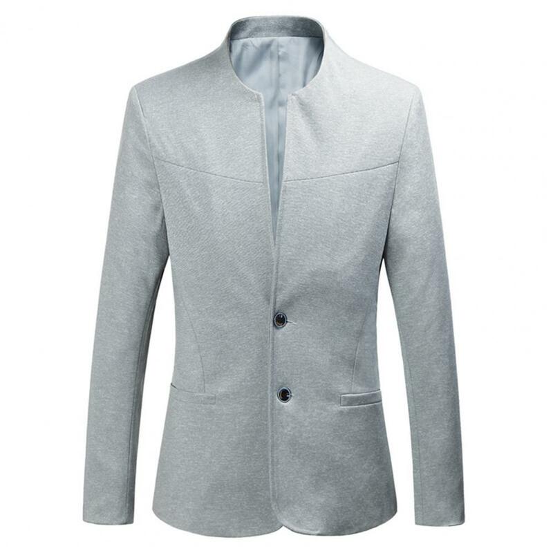 Jaqueta casual com gola Stand masculino, manga longa, dois botões, bolsos, blazer slim fit, casaco de negócios monocromático, roupa de trabalho