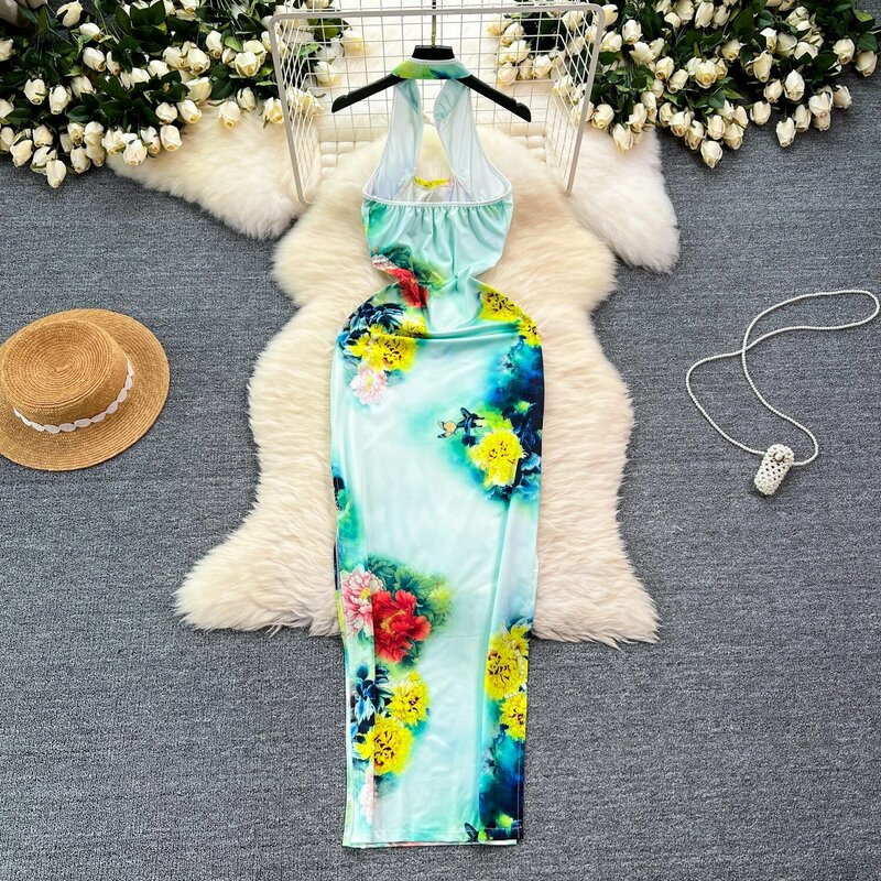 Chic Sexy Dress Hollow Out Halter Sleeveless Off Shoulder Backless Fashion Women Slim Autumn Winter Birthday Party Rob