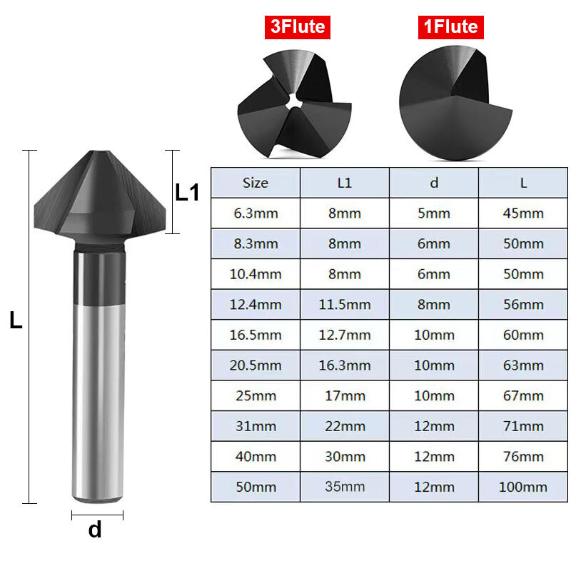 1 Flöte/3 Nuten 90-Grad-Fasenschneider 6,3 mm-50mm m35 Kobalt-Tialn-beschichteter Senk bohrer Metall-Entgratungs fräs werkzeug