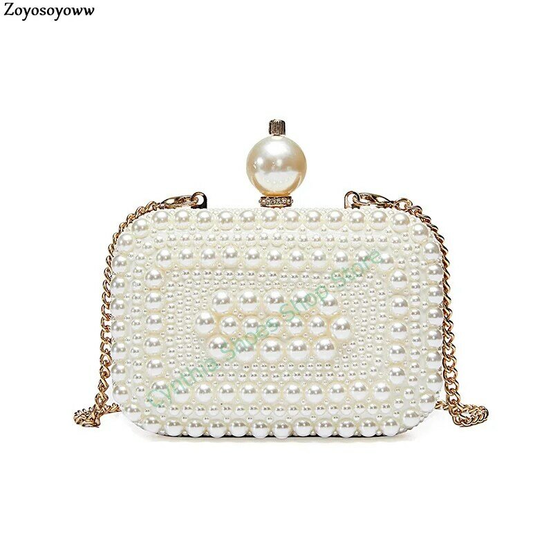Graceful Pearl Mini Woman White Shell Bag Gold Iron Chain Messenger Bag Size In 15.5X11X5.5cm For Lady Girl Party Bag