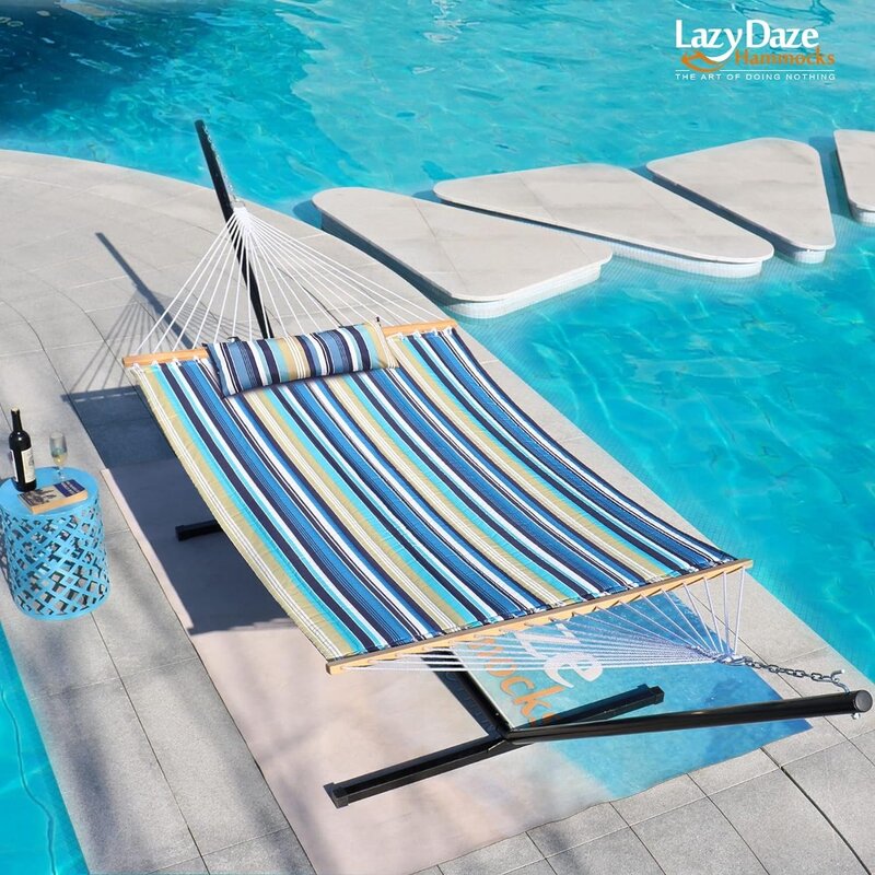 Lazy Daze 12 FT Quilted Fabric Double Hammock with Spreader Bars and Detachable Pillow, 2 Person Hammock for Outdoor Patio Backy