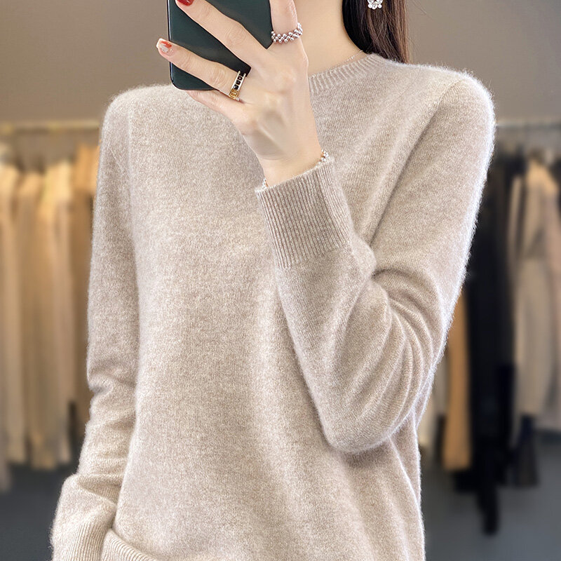 Suéter de cachemira para mujer, jersey de cuello redondo de manga larga, 100% Lana, parte inferior de punto suelta, sin costuras, versión coreana, invierno, 2023