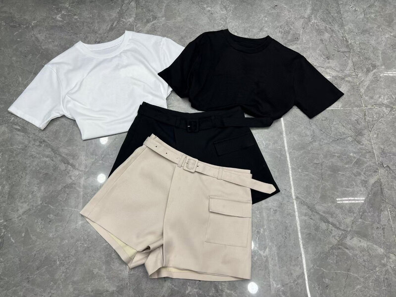 여성용 단색 상의 및 반바지 세트, 벨트 포함, 캐주얼 젊은 역동적 셔츠 대 짧은 바지, 2 개 세트