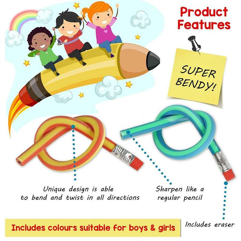 Lápis flexíveis macios Bendy, Magic Bend, Equipamento escolar infantil, Kids Fun, K0G1, 10pcs