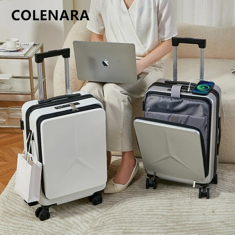 COLENARA 20"24Inch New Luggage Front Opening Laptop Trolley Case Ladies Boarding Box Men's Password Box with Wheel Suitcase