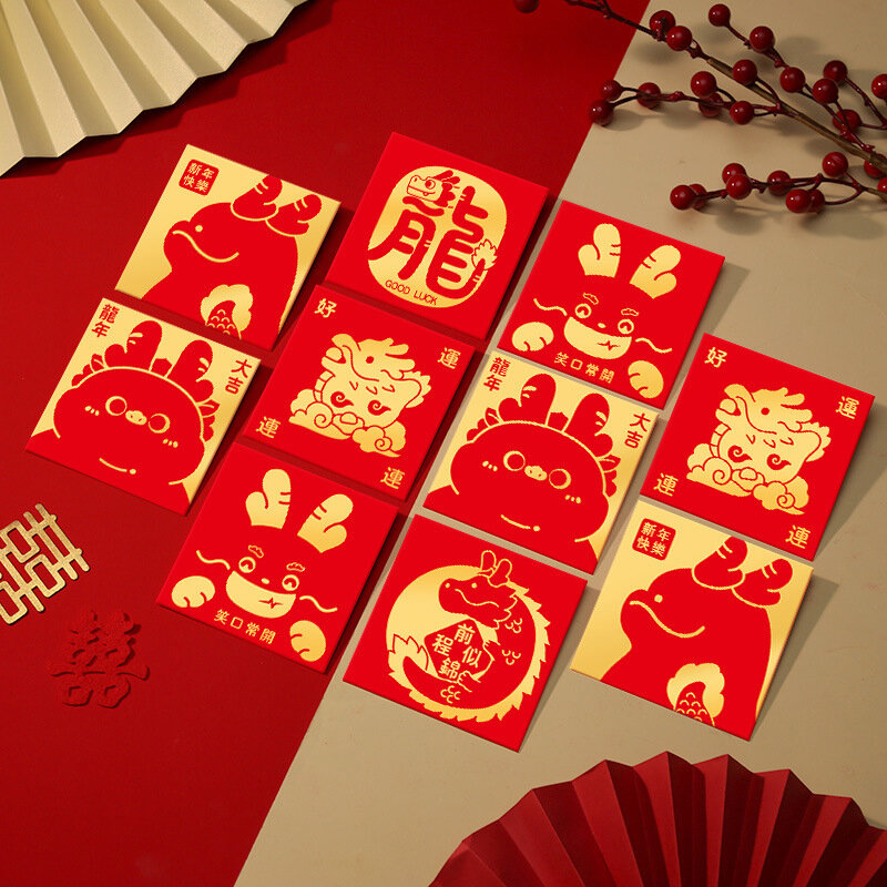 6pcs 2024 년 드래곤 레드 엔벨로프 개인화 된 창조적 인 핫 골드 레드 봉투 머니 만화 어린이 빨간 패킷