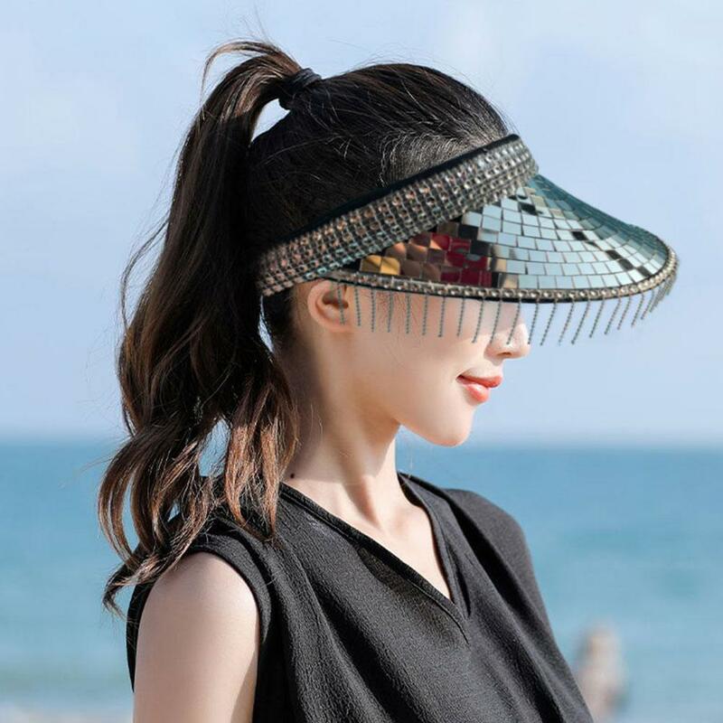 Topi payet berkilau cermin disko, topi visor payet musim panas, dekorasi topi klub, topi matahari musim panas D1M5