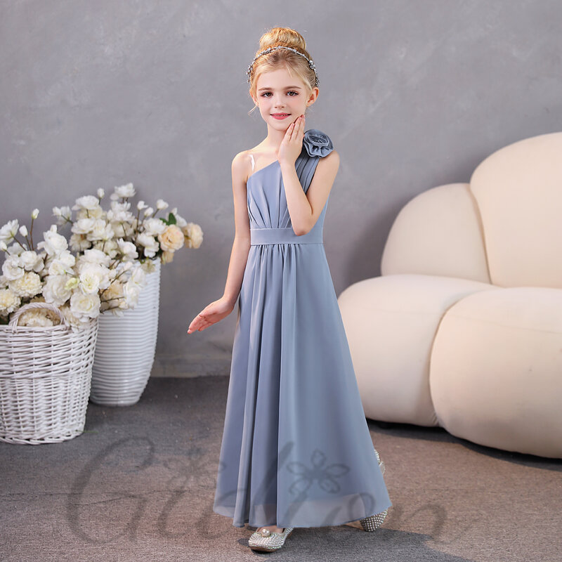 Kids One-Shoulder Chiffon Junior Bridesmaid Dress Wedding Ceremony Pageant Ball Evening-Gow Show Banquet Birthday Party Event