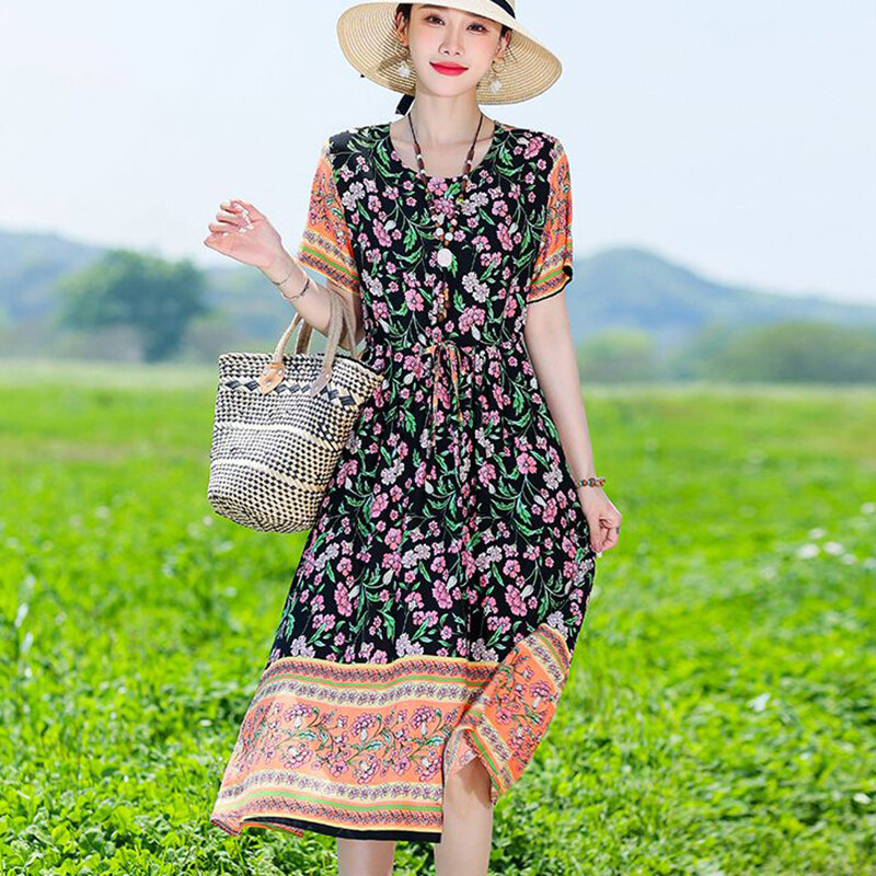 Женское винтажное платье с круглым вырезом, свободное офисное платье с цветочным принтом и карманами, лето 2024