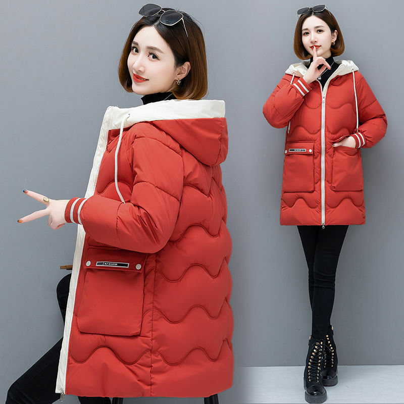 Comprimento médio casaco de algodão para mulheres, Parkas com capuz, sobretudo quente, jaqueta de inverno, versão feminina, novo outwear, 2023