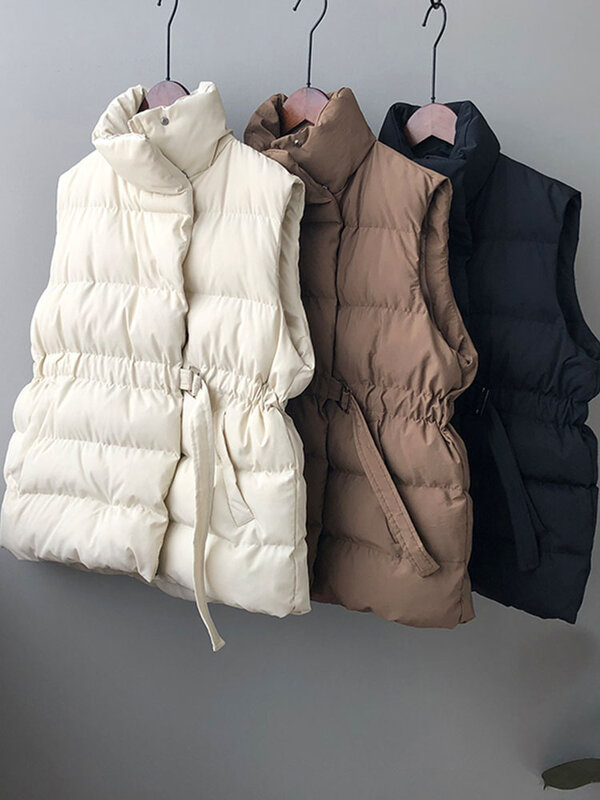 Casual Belted Winter Vest Vrouwen Mode Zip Mouwloze Jas Elegante Stand Kraag Bovenkleding Vrouwelijke Effen Down Vest Met Pocket