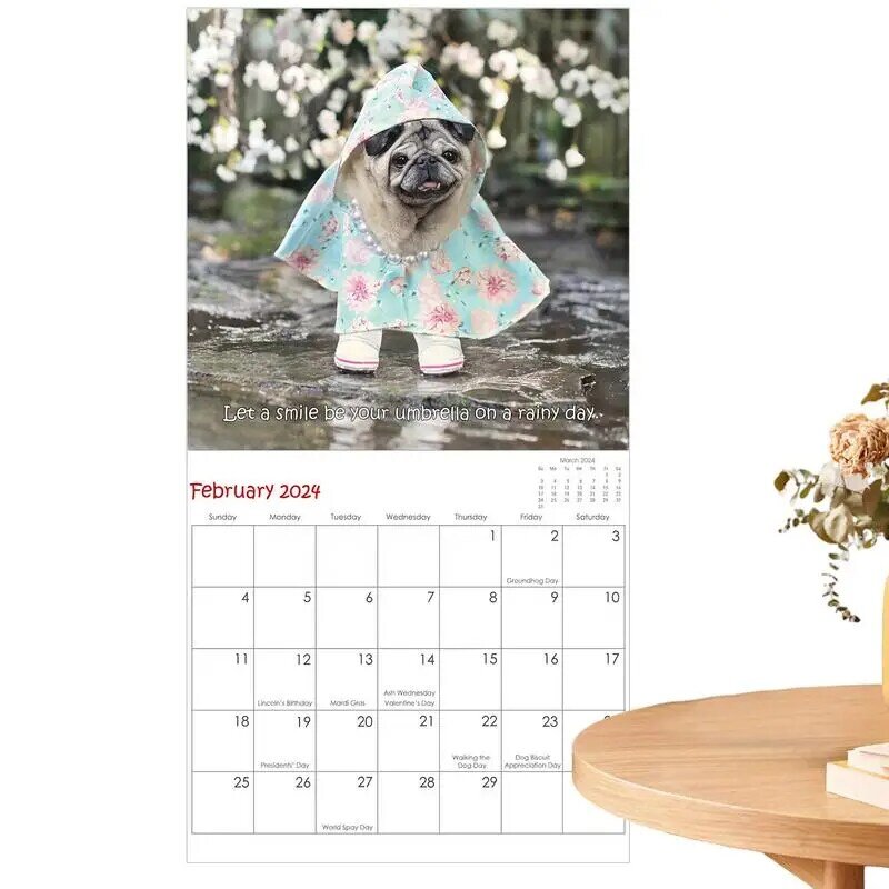 Calendario de pared para perros, planificador familiar y organizador diario, imágenes bonitas de Pug, mensual, 2024, 2024