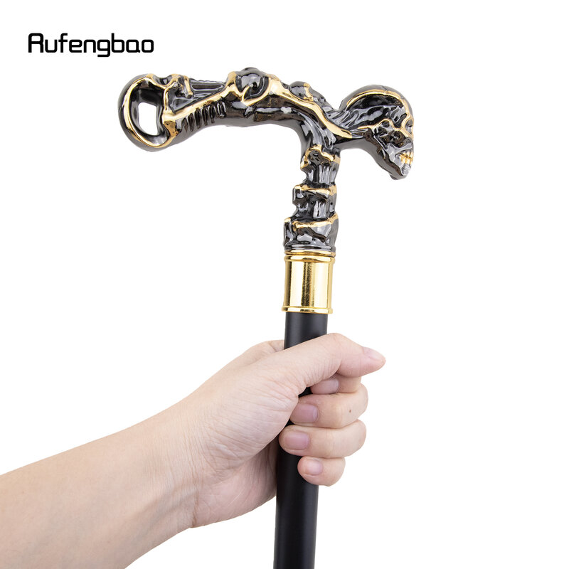 Golden Black Skull Single Joint Walking Stick with Hidden Plate Self Defense Fashion Cane Plate Cosplay Crosier Stick 93cm