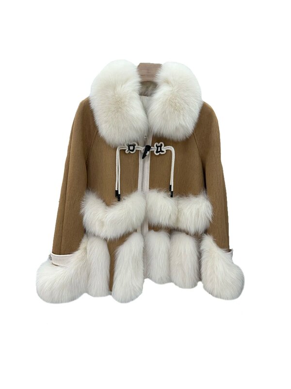Manteau court à revers en fourrure, version ample, épissage, design à simple boutonnage, chaud et confortable, hiver 2023, nouveau, 1208