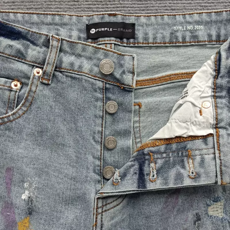 Jeans di marca viola di alta qualità Street trend bordo in pelliccia da uomo che spruzza vernice a inchiostro pantaloni da uomo slim fit e hole patch in denim