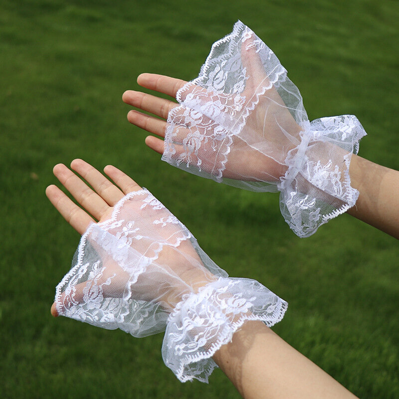 Klasyczne damskie krótkie ramię rękawy rękawiczki bez palców Bowknot modne rękawice koronkowe mankiety na nadgarstek bransoletki jednolite czarne białe rękawiczki