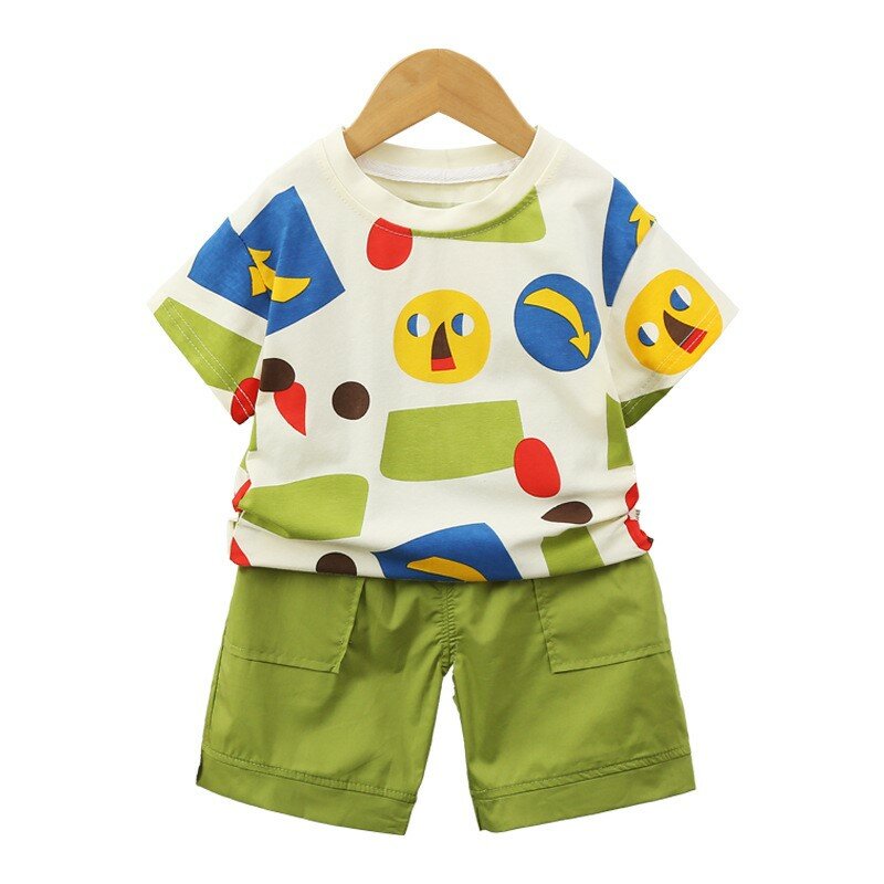 Baby Boys Summer Korean 2024 2PCS Clothes Set Round Collar Geometry Print T Shirts Solid Color Shorts Suit Infant Boys Outfits