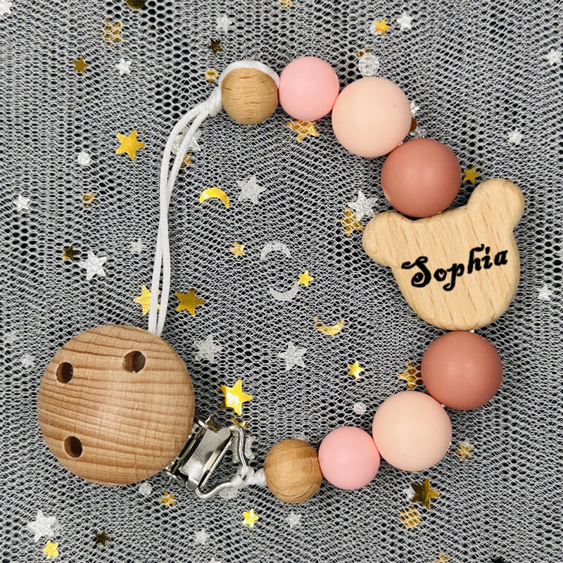 Cadena de chupete de madera con nombre personalizado para bebé, Clip de cuentas de silicona, soporte para pezón con nombre, colgante para mordedor, regalo para recién nacido