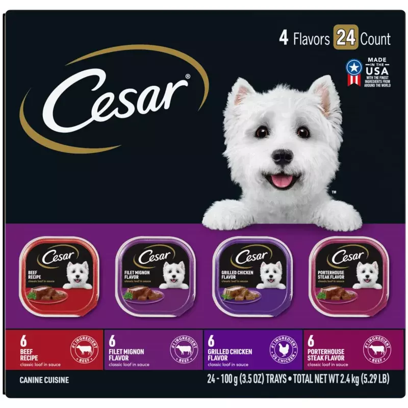 Cesar Classic Loaf In Sauce Wet Dog Food Variety Pack, 3.5 oz Trays (24 Pack)