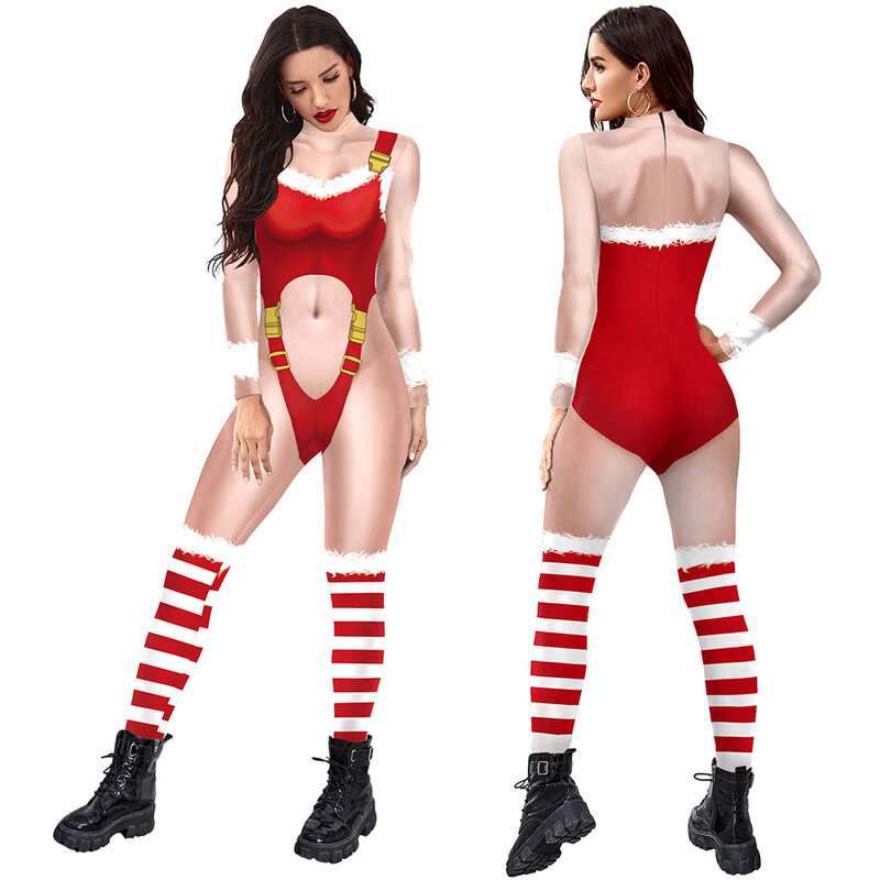 Vrouwen Kerst 3d Print Jumpsuits Grappige Xmas Kostuum Lange Mouw Skinny Jumpsuit Uit Één Stuk Outfit Catsuit Voor Volwassenen