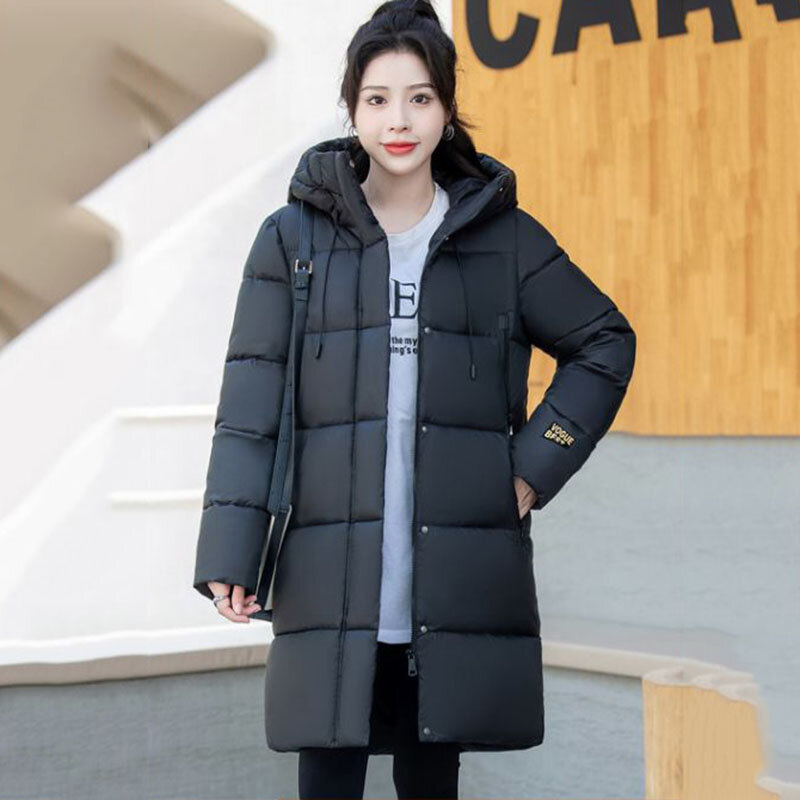 Jaqueta comprida de algodão acolchoada, parka com capuz, casaco de neve, sobretudo quente, moda casual, feminina, coreano, novo, inverno