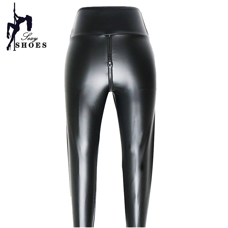 Pantaloni Sexy con doppia cerniera aperta sul cavallo per le donne pantaloni aderenti esotici in pelle nera opaca di grandi dimensioni Leggings da discoteca Wetlook