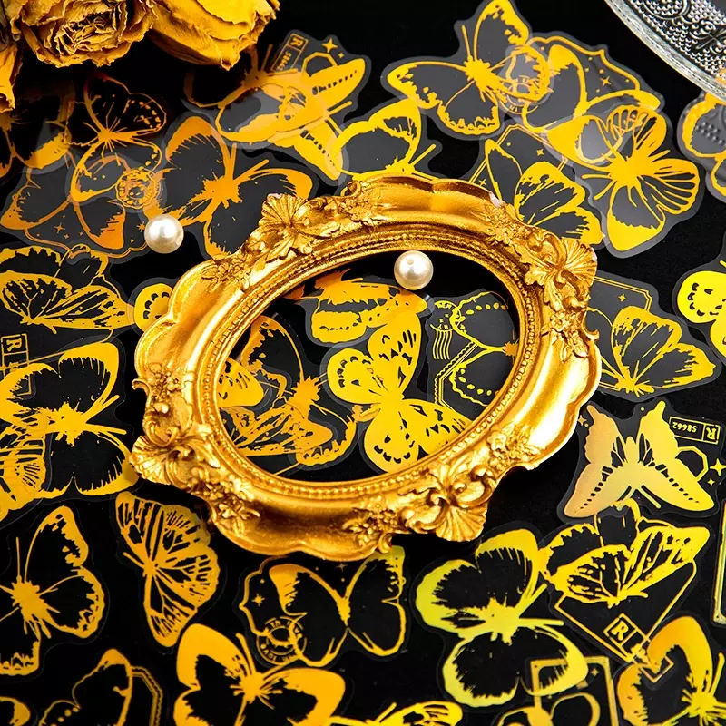 30 buah stiker perunggu Laser emas buku tempel Tangan bahan kolase kupu-kupu jamur kertas dekoratif buku tempel 45MM