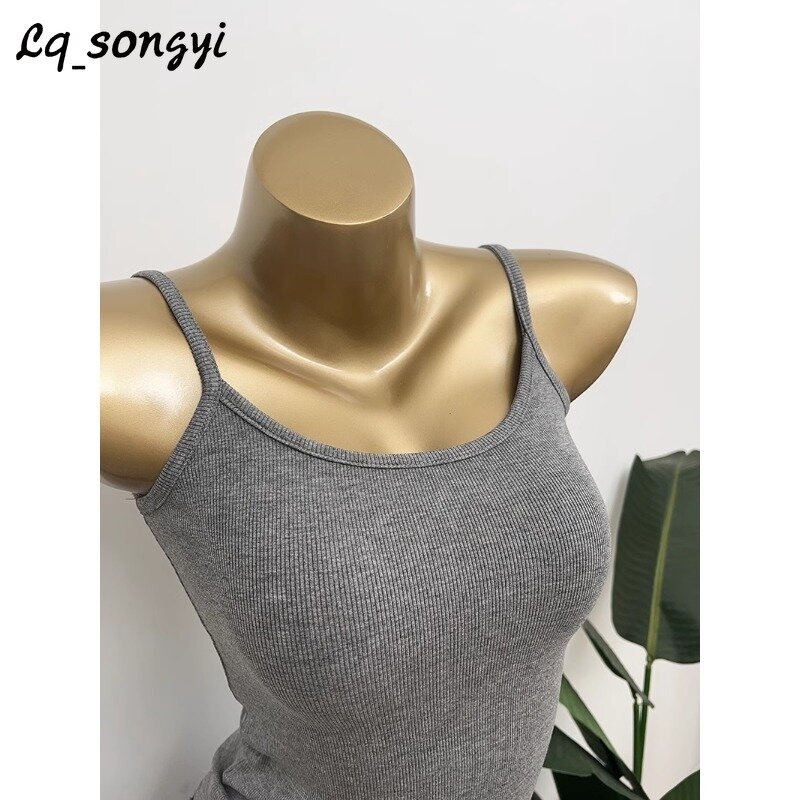 Lq_songyi-T-shirt court à bretelles spaghetti pour femme, camisole simple et sexy, col en U