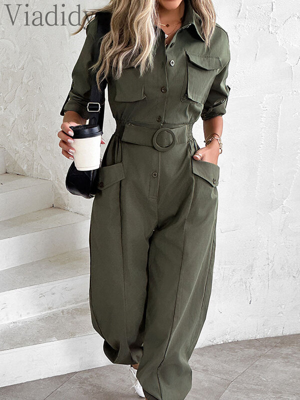 Women Casual Solid Color Long Sleeve Button Front Pockets Decor Jumpsuits