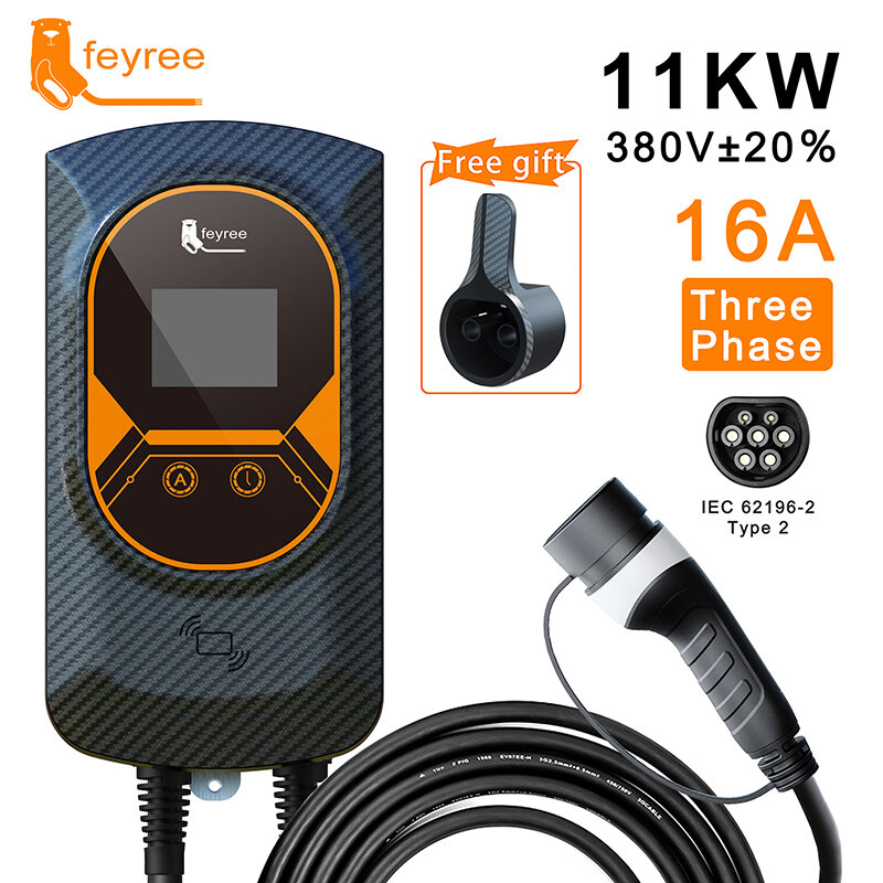 feyree EV Charger 11KW 16A 3 Phase EVSE Wallbox Electric Vehicle Car Charging Station with Type2 Socket IEC 62196-2 5M Cable