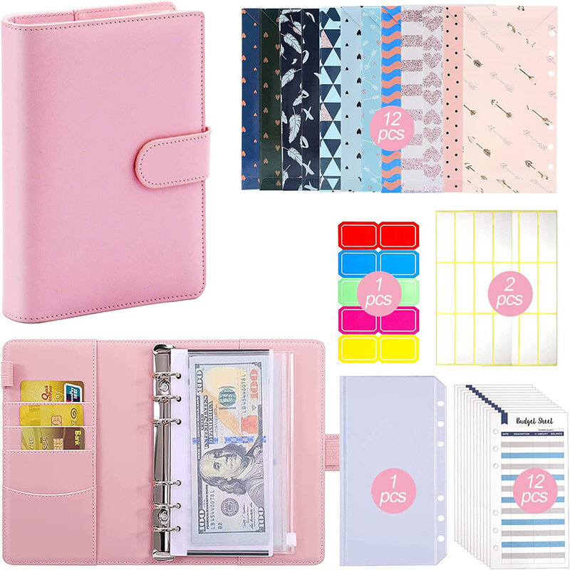 Budget Binder A6 PU Leather Cash Envelopes Organizer with Zipper Pockets,Expense Budget Sheets & Label Stickers for Money Saving