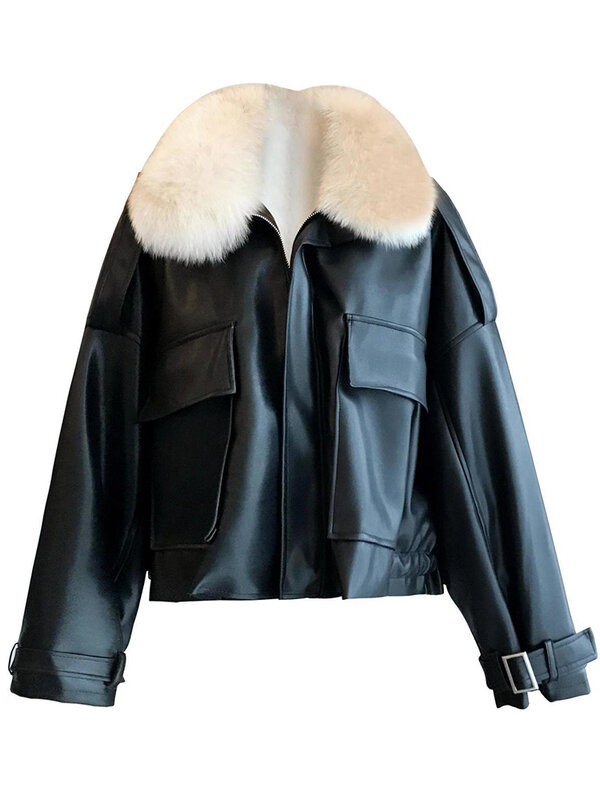 UXQ-casaco de couro espesso luxuoso para mulheres, gola de pele sintética destacável, jaqueta quente, nova moda, outono e inverno, 2023