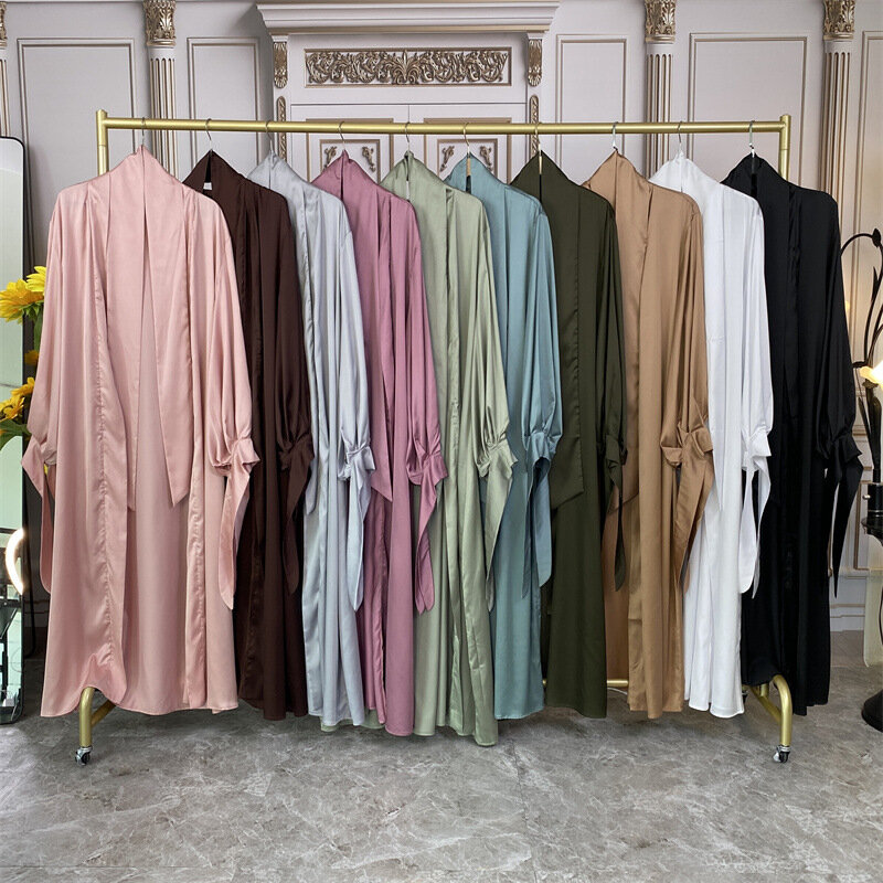 Wepbel muzułmanin otwierana Abaya Cardigan kobiety islamska odzież cienka satynowa krawat latarnia mankiet sweter Kaftan z długim rękawem Ramadan Robe