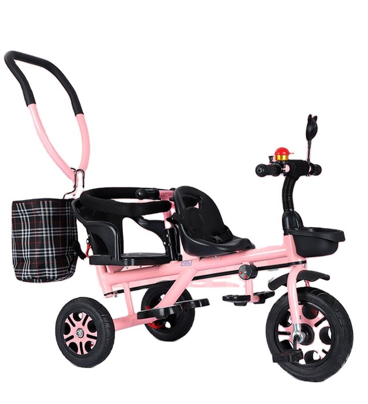 Poussette tricycle jumeaux en acier bon marché pour bébé, double siège, vélo pour enfants, tricycle avec siège rotatif