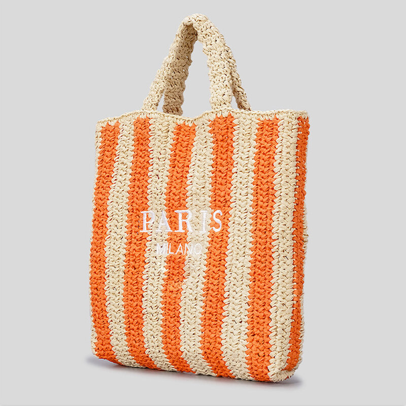 Bolso de mano informal a rayas para mujer, bolsa de paja tejida con letras de diseñador, hecho a mano, bolso de playa de verano, bolso grande de viaje Bali, 2024
