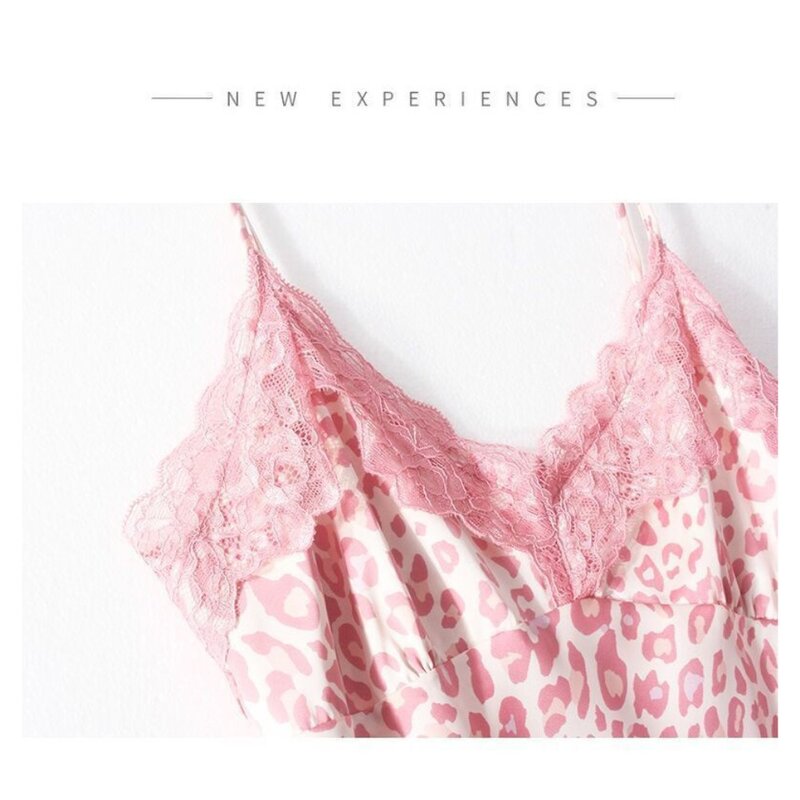 Saia fina do pijama da cópia do leopardo rosa para mulheres, laço, sexy, moda nova, verão, roupa home