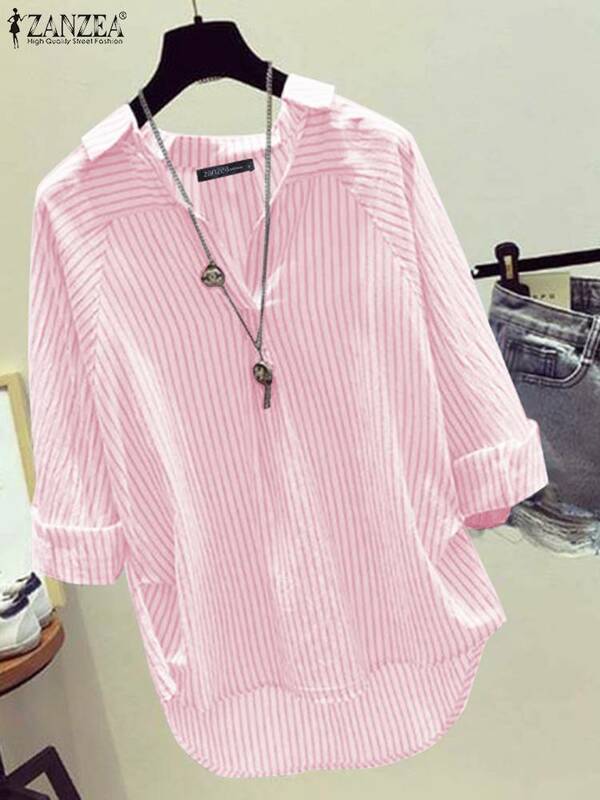 Женская модная полосатая рубашка ZANZEA, Весенняя блузка с отложным воротником и длинным рукавом, повседневные рабочие топы, женские блузы на пуговицах, туника оверсайз