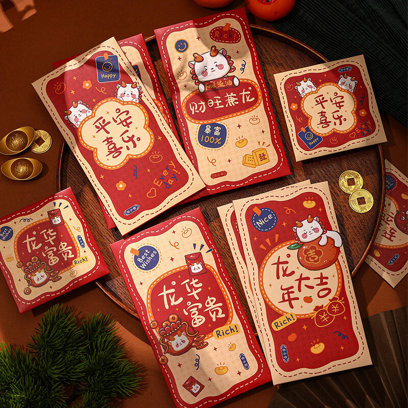 Ano novo chinês Envelopes vermelhos, festival da primavera, bolso do dinheiro da sorte, criativo hong bao, 6pcs
