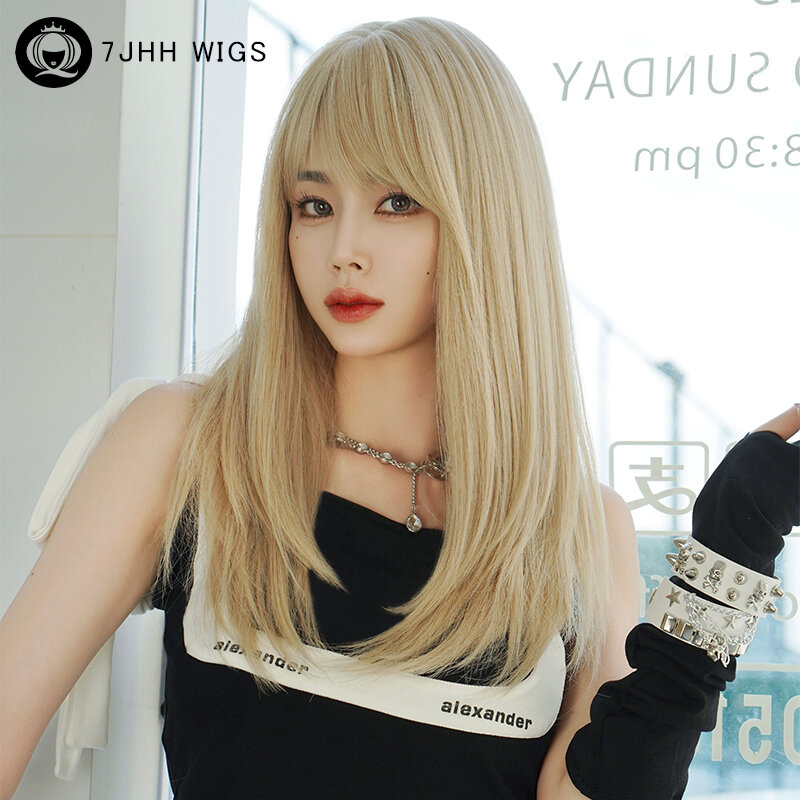 7JHH peruki syntetyczne warstwowe proste blond peruka dla kobiet codziennie naturalny wygląd żaroodporne miodowo-brązowe peruki z grzywką włosów