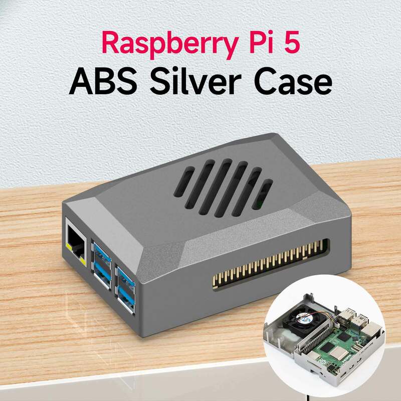 Raspberry Pi 5 ABS Case, Ventilador PWM Prateado Livre, à prova de poeira e anti-colisão, compatível com radiador oficial