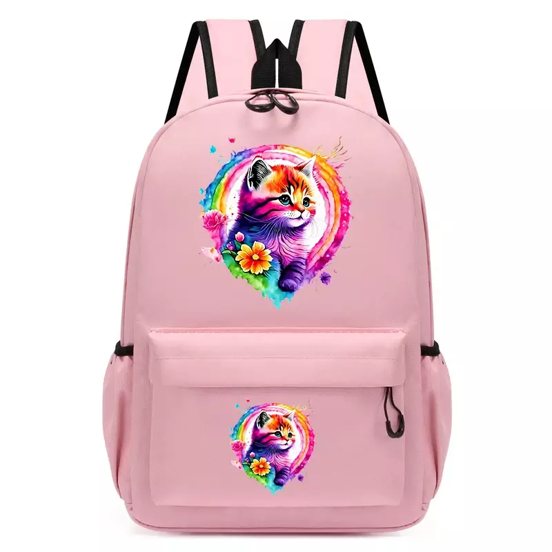 Mochila escolar de acuarela para niños y niñas, bonito gato Floral, bolsa de viaje para guardería