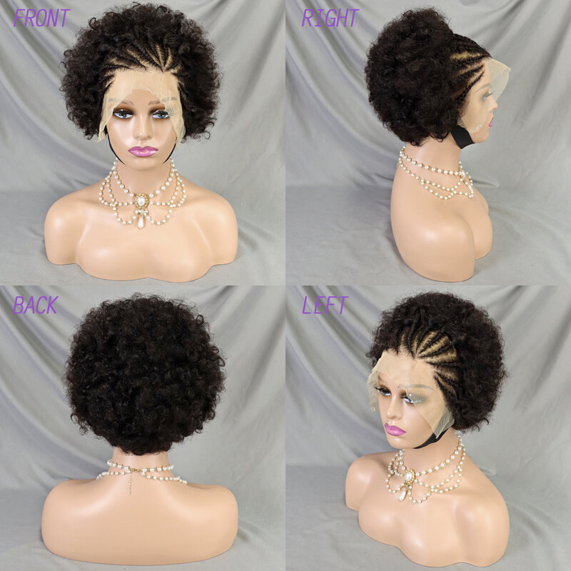 Afro Curly Human Hair Wigs with Braids 100% Brazilian Remy Hair 6 Inch Bouncy Curly Wig Afro Human Hair Wigs  for Black Women