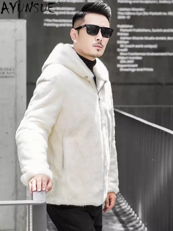 AYUNSUE-casaco de pele de vison natural para homens, jaqueta com capuz de alta qualidade, branco, 2023