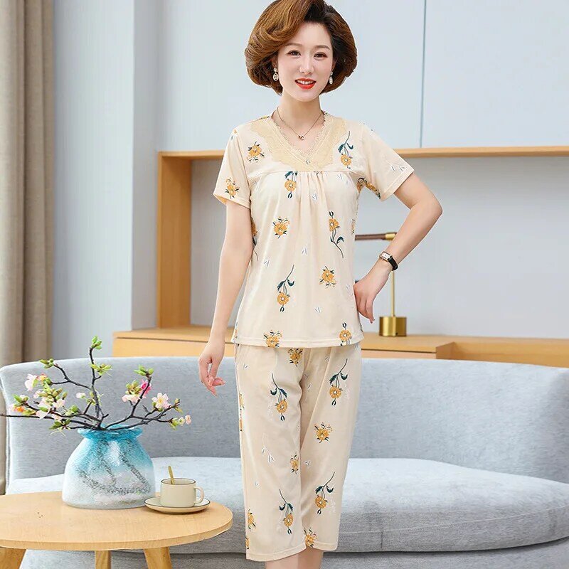 Conjunto de pijamas de manga curta feminina, pijama de algodão feminino, calça capri, mãe de meia idade, novo, verão, 2023
