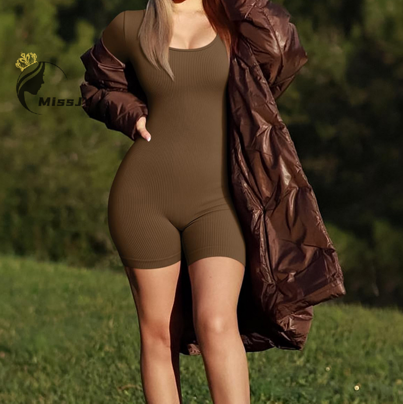 Women Yoga Rompers Ribbed Workout Long Sleeve Round Neck Exercise Jumpsuits Rompers