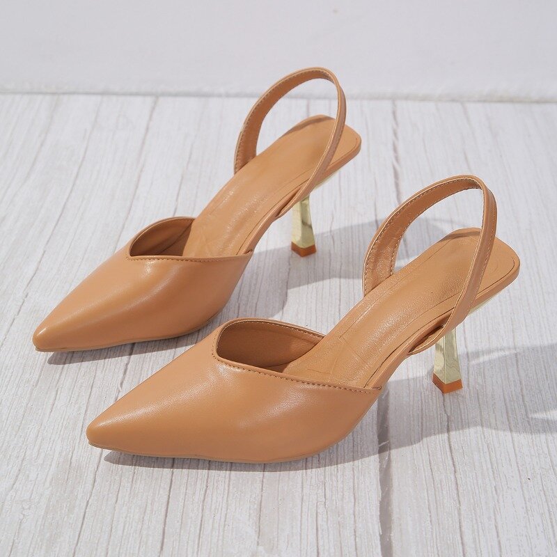 Women's Shallow Mouth Slip-on High Heels Summer New Style Baotou Sandals Elegant Solid Color Sexy Pointed Toe PU Leather Sandals