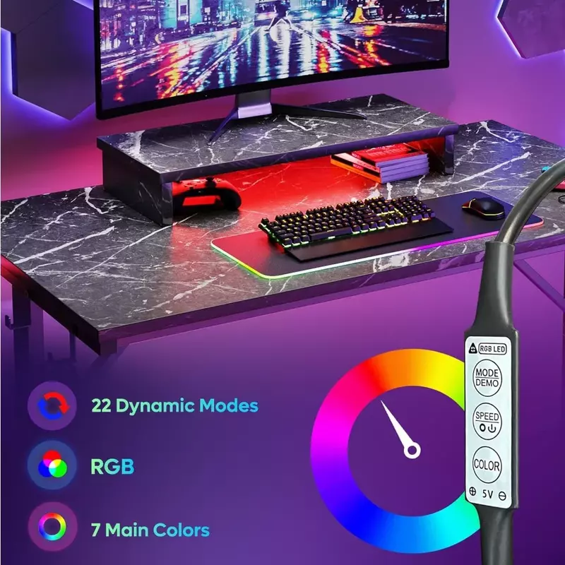 Small Gaming Desk with Monitor Stand, 42 inch LED Computer Desk, Gamer Workstation with Cup Holder & Headset Hooks, Mode